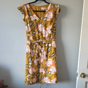 LOFT Yellow and Pink Floral Midi Dress Size L With Wait Tie Ruffled Sleeve